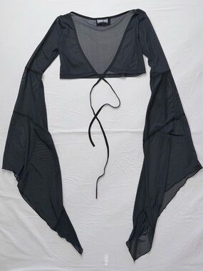 Dolls Kill - Sheer Charcoal Mesh Wrap Crop Top with Dramatic Bell Sleeves